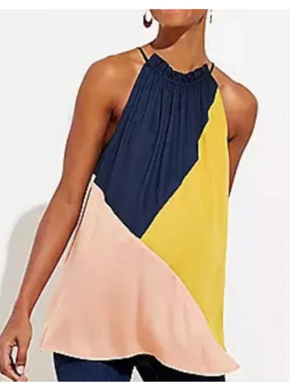 LOFT women’s color block Halter Tank top blouse flowy ruffle neck XS oversized